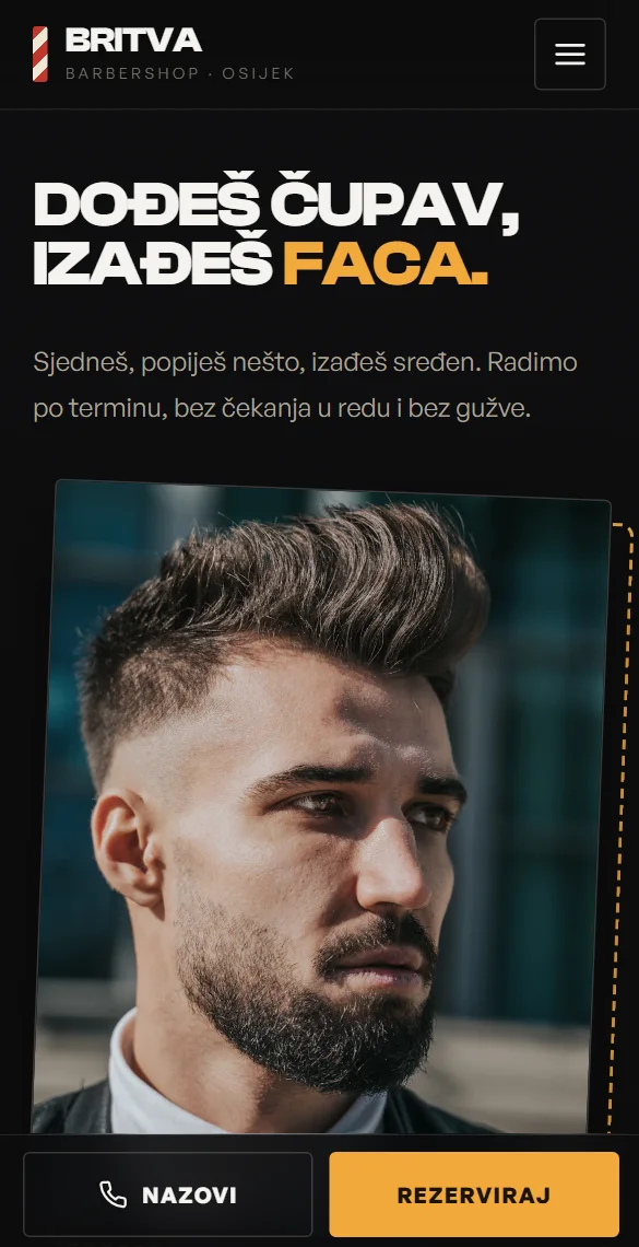 Naslovna stranica Britva Barbershopa prikazana na mobitelu